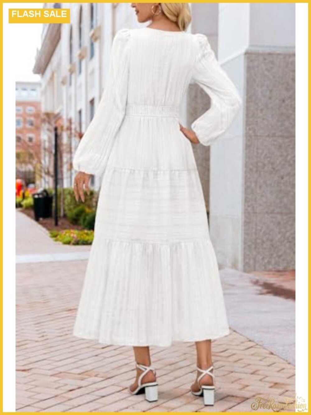 Womens Puff Long Sleeve V Neck Midi Maxi Dress Casual Modest